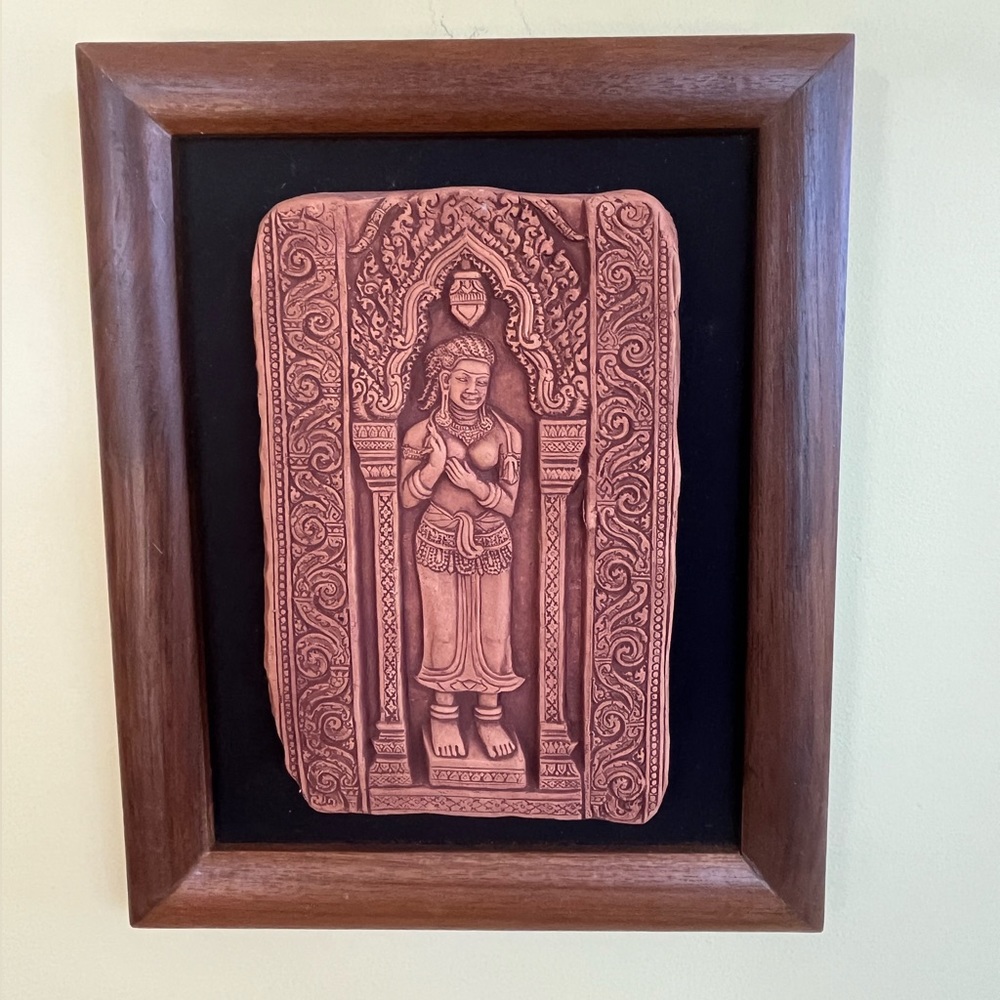 New Carved Apsara Radha Terracotta Textured Tile Panel Custom Frame 8.5" x 10.5"